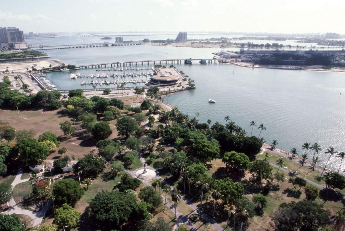 Bayfront Park's palm-lined bay walk with downtown Miami skyline behind it