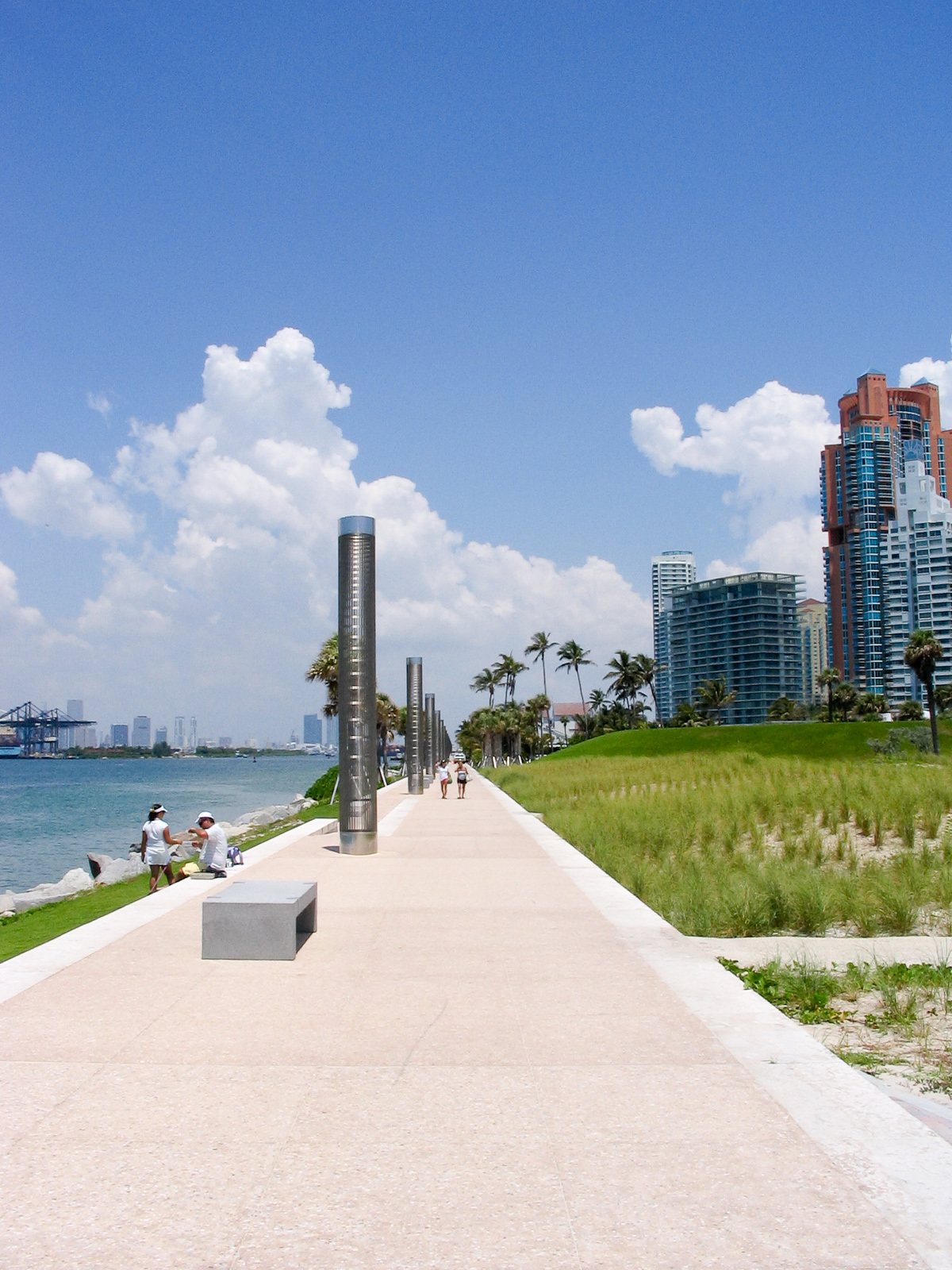The waterfront walkway at South Pointe Park looking back toward the port